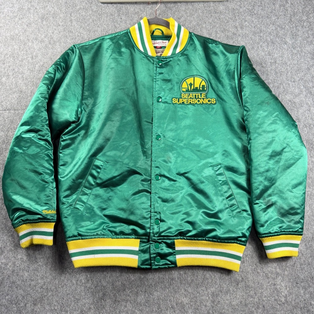 Mitchell‎ & Ness Mens Jacket L Green Satin Varsity NBA Seattle Supersonics